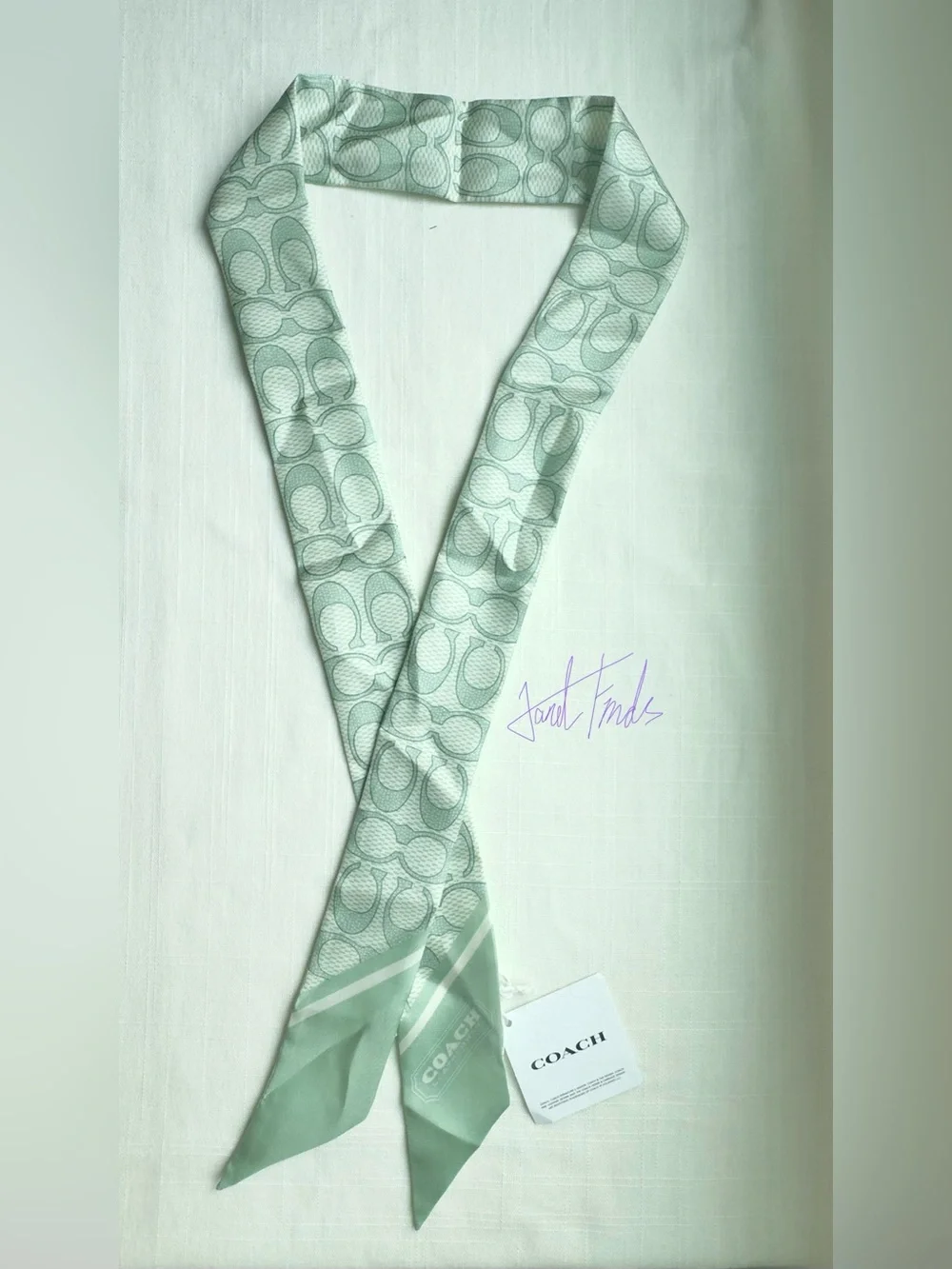 NWT 🍵 COACH Mint Textured Signature Logo Silk Scarf